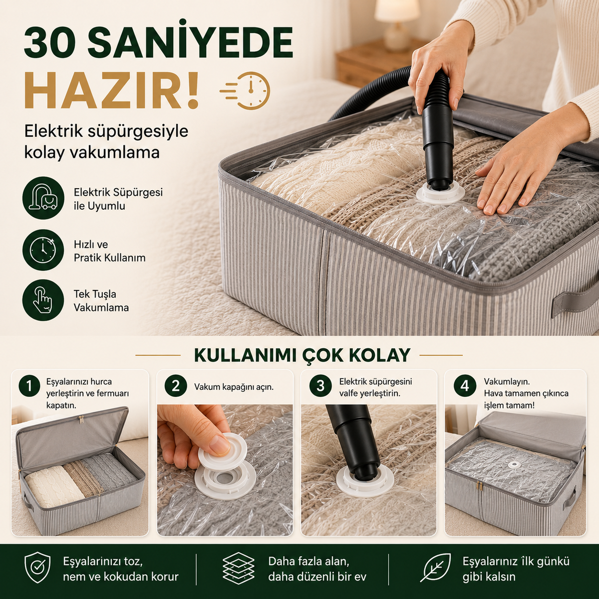 3 Kat Güçlendirilmiş Bez Hurç + Vakum Torbası Seti 60×40×22 cm