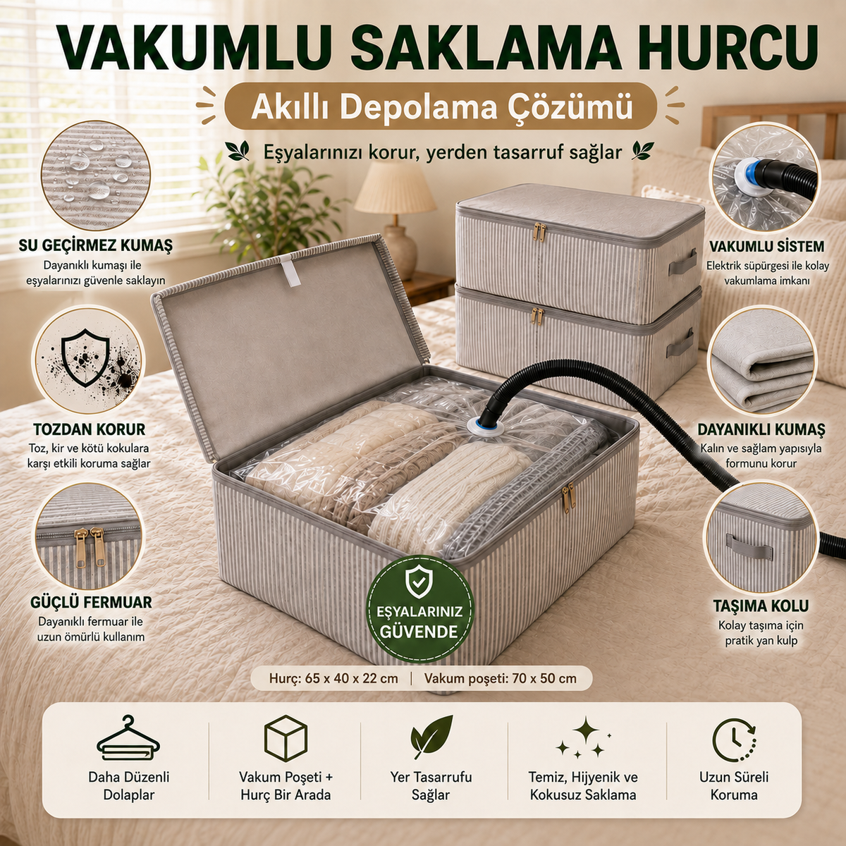3 Kat Güçlendirilmiş Bez Hurç + Vakum Torbası Seti 60×40×22 cm