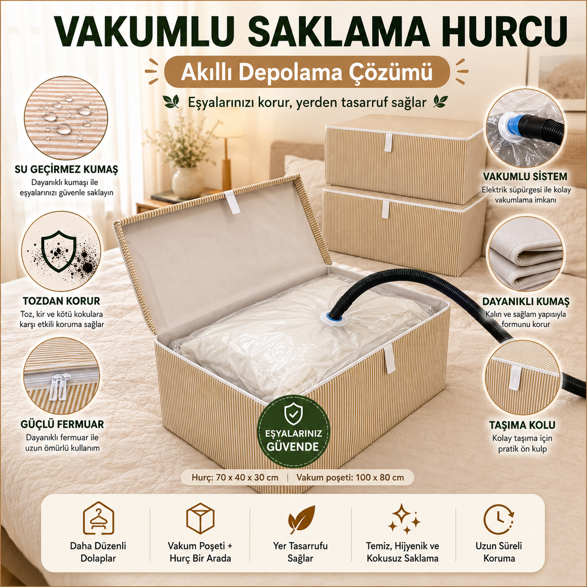 Büyük Boy Kutu Hurç + Vakumlu Torba 70x40x30