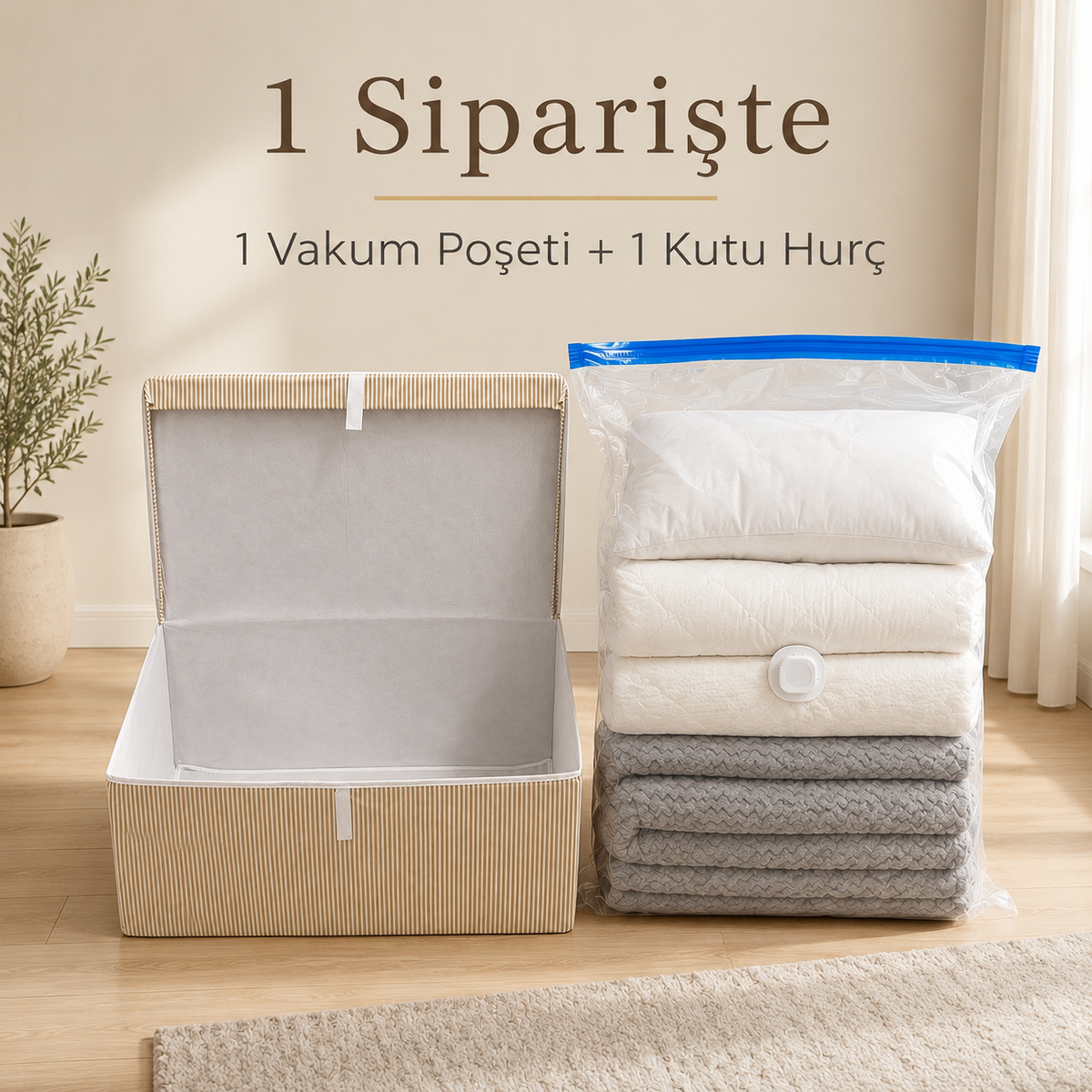 Büyük Boy Kutu Hurç + Vakumlu Torba 70x40x30
