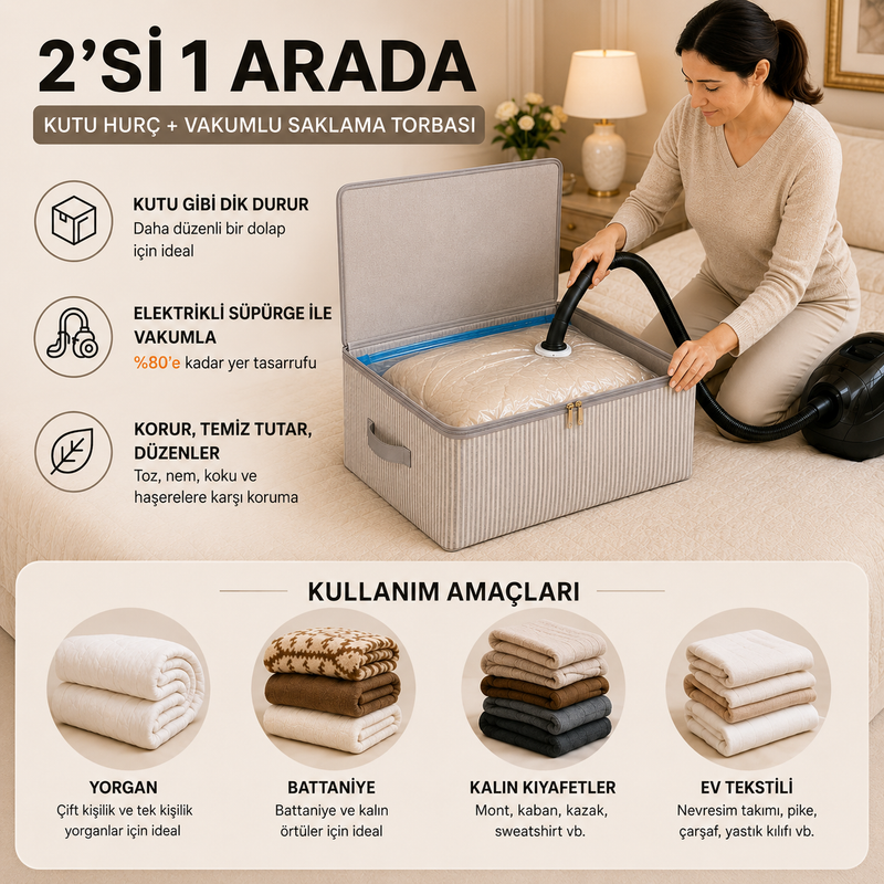 3 Kat Güçlendirilmiş Bez Hurç + Vakum Torbası Seti 60×40×22 cm